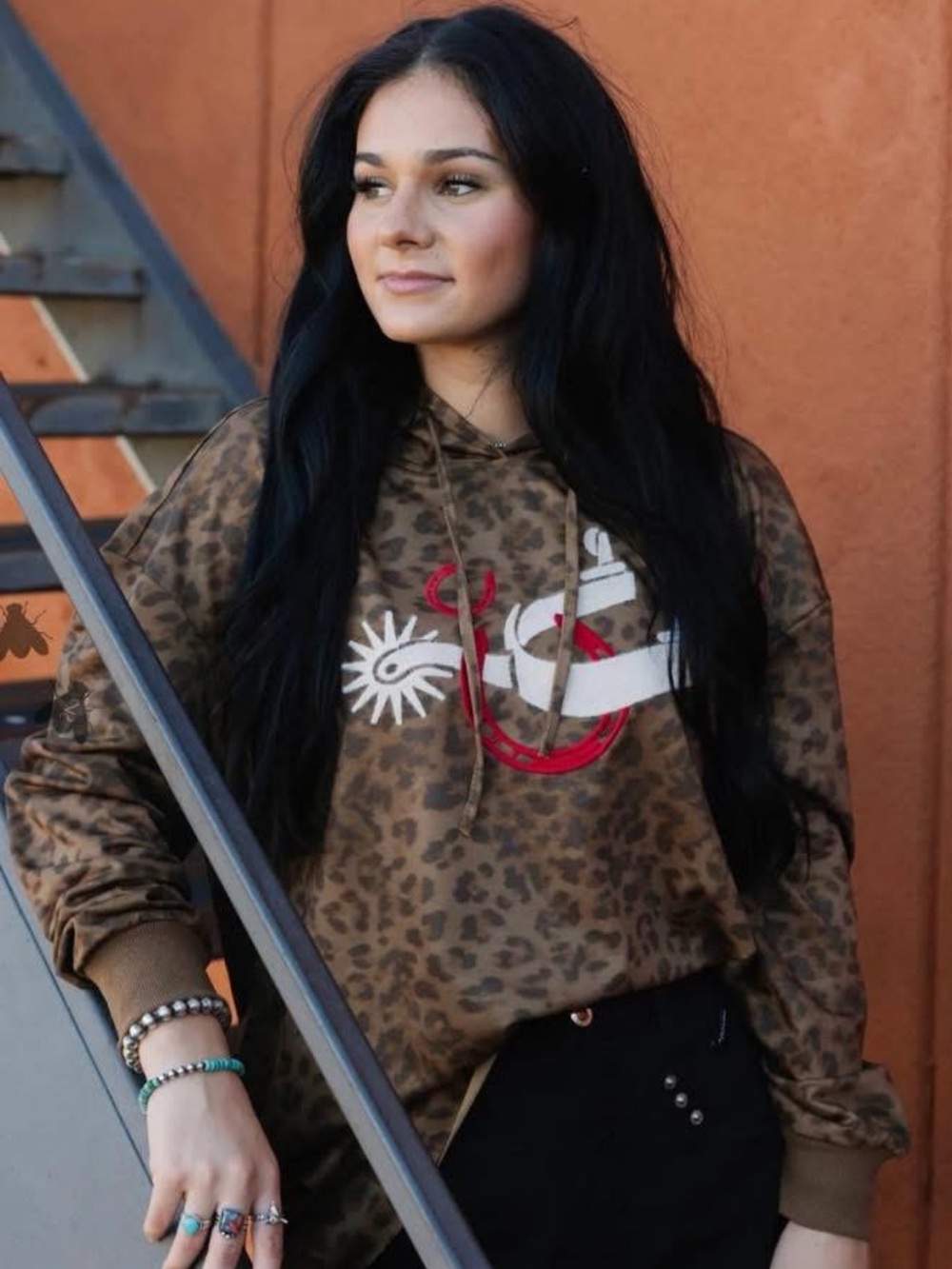 Women's Brown Leopard Print Hoodie with Red & Cream Graphic